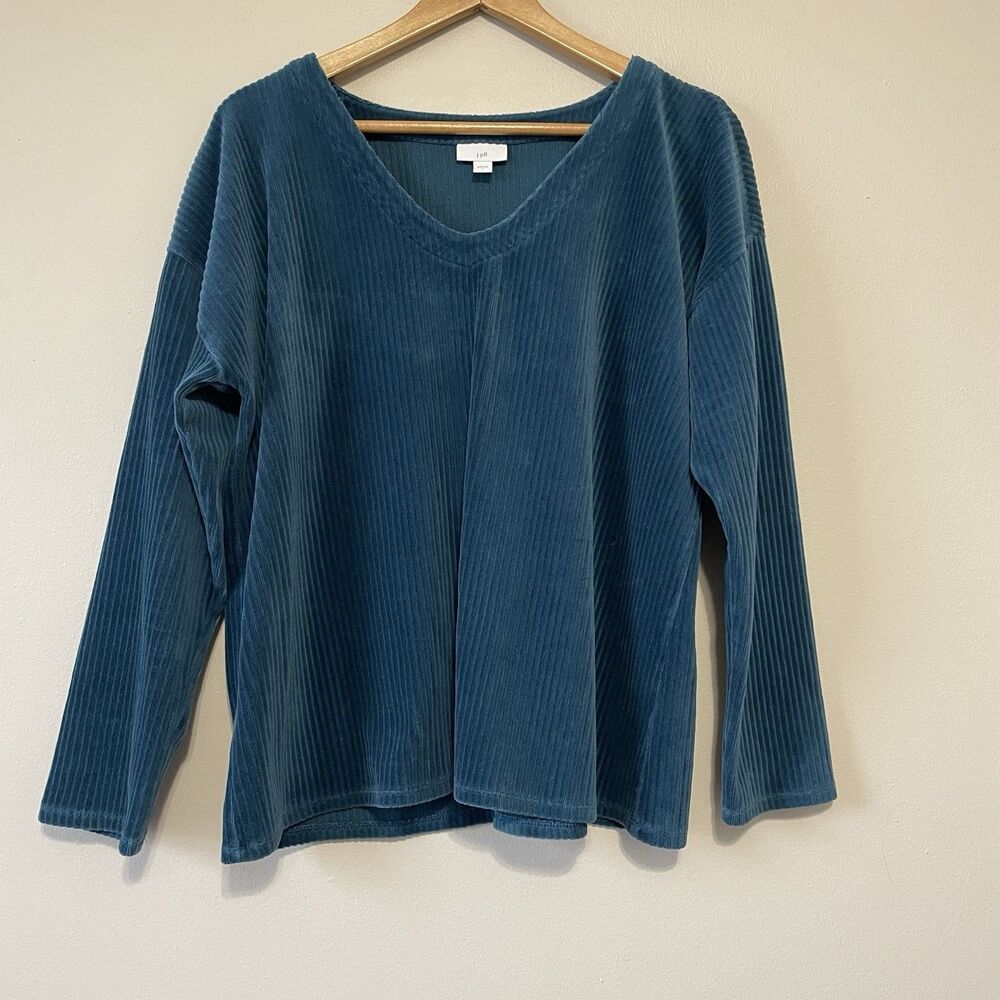 J Jill Wide Wale Ribbed Velour Top L V Neck Teal Blue Boxy Comfy Loungewear